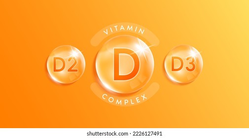 Vitamin D complex droplet, chemical formula from nature. Minerals water orange. Beauty treatment nutrition skincare design. Medical scientific concepts. Realistic 3D Vector.