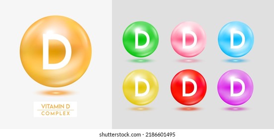Complejo de vitamina D. Conjunto de bolas coloridas de las cápsulas multivitaminas minerales aislados en el fondo gris. Suplemento dietético para publicidad en farmacia, diseño de paquetes. EPS10 vectores.