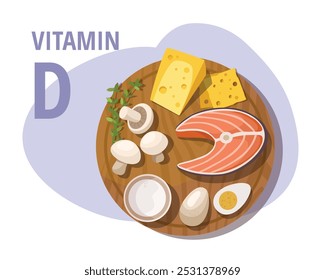 Vitamin D concept. Cheese, egg, salmon fish on cutting board.