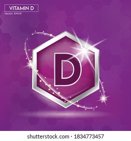 Etiqueta conceptual de vitamina D en letras púrpura en marco plateado hexagonal. Para el diseño de productos. EPS10 vectores