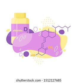 Vitamin D, D3 vector. 2 November - Vitamin D day. Vector illustration with chemical formula in trendy colours: purple, orange, blue. Liquid vector colorful abstact shapes. 