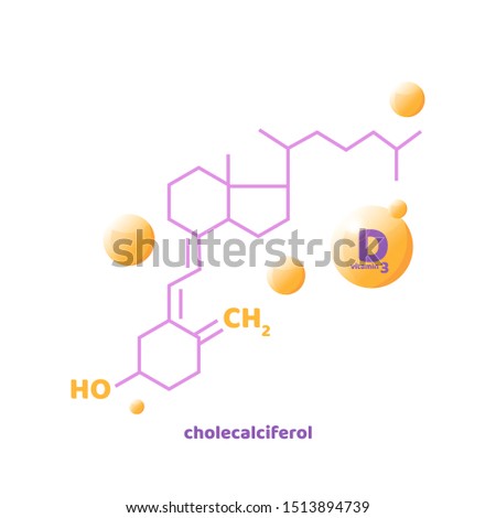 Vitamin D, D3 vector. 2 November - Vitamin D day. Vector illustration with chemical formula in trendy colours: purple, orange, blue. Liquid vector colorful abstact shapes. 