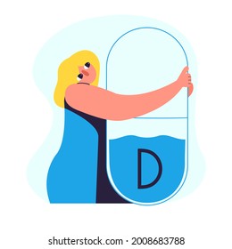 Vitamin D deficiency concept. Girl hugs a vitamin. Vector illustration in flat style