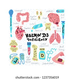 Vitamin D deficiency in human organism set of clip art drawings. Medicine handpainted vector icons. Textured illustration made in funny flat doodle style.