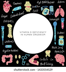 Vitamin D deficiency in human organism Premade design template with place for text. Medicine handdrawn vector layout. Textured illustration made in flat doodle style, colourful design.
