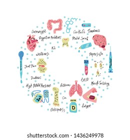 Vitamin D deficiency in human organism Premade design template with place for text. Medicine handdrawn vector layout. Textured illustration made in flat doodle style, colourful design.