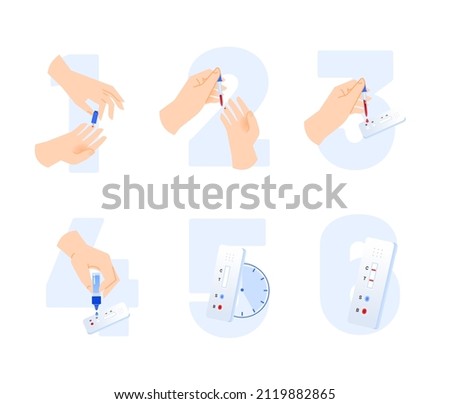 Vitamin D deficiency self-test in steps. Express home kit for self analysis. Rapid exam of your vitamin levels. Using a drop of blood on a test sample. Bright vector illustration concept