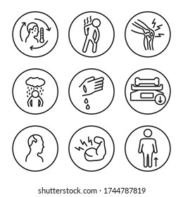 Vitamin D deficiency symptoms thin line icon set. Vector.