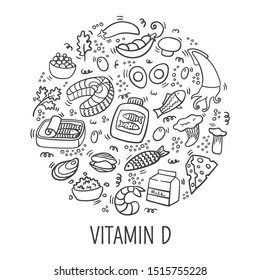 Vitamin D doodle outline illustration in circle. Hand drawn illustration of different food rich of vitamin D. - Vector. Nutritional and dietary concept. Vitamin D sources isolated on white background.