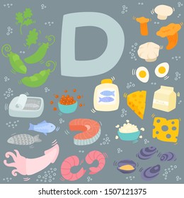Vitamin D doodle set on dark background. Hand drawn illustration of different food rich of vitamin D grouped.  Colorful vector illustration flat style. Fish, shrimp, shiitake, mushrooms, eggs, dairy