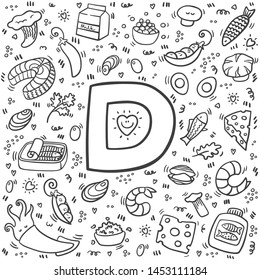 Vitamin D doodles. Hand drawn illustration of different food rich of vitamin D. Set of food with Vitamin D. Vector illustration. Fish, shrimp, shiitake, mushrooms, eggs, dairy, squid.