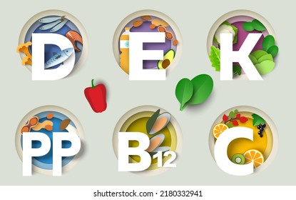 Conjunto de vectores de arte de la vitroamina D, E, K, BB, B12, C de corte de papel. Iconos de suplemento alimenticio saludable. Complejo multivitamínico para publicidad de dietas de salud. Promoción de la farmacia