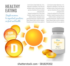 Vitamin D flyer or leaflet temeplate with glossy orange capsules palstic can. Beautiful vector illustration in bright colours on light background. Pharmaceutical and apothecary image
