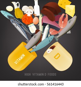 Vitamin D in food. Beautiful vector illustration in modern style on a dark grey background. Top foods highest in Vitamin D. Nutritional and dietary concept.