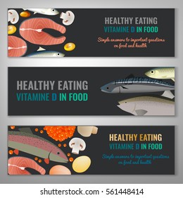 Vitamin D in food. Beautiful vector illustration in modern style. Landscape banners set.  