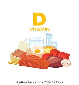 Vitamin D in food icon vector. Vitamin D food sources vector illustration isolated on a white background. Meat, milk, egg, oil, seafood vector. Pile of healthy fresh food drawing