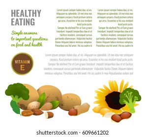Vitamin D in food. Medical article or informative poster template with food source illustrations and a copyspace.