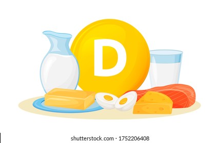 Vitamin D food sources cartoon vector illustration. Butter, cheese animal products. Eggs, milk, fish healthy diet flat color object. Wholesome nutrition isolated on white background