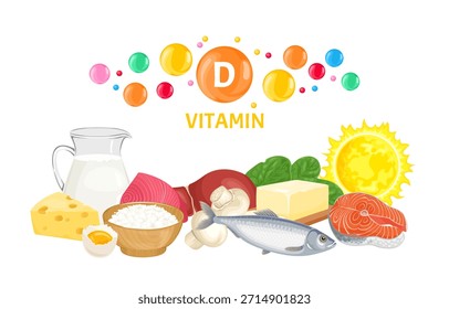 Fuentes alimentarias de vitamina D. Vector ilustración plana de dibujos animados.