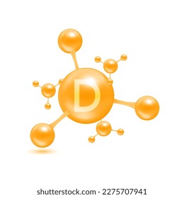 Vitamin D in the form of atoms molecules orange glossy. Icon 3D isolated on white background. Minerals vitamins complex. Medical and science concept. Vector EPS10 illustration.