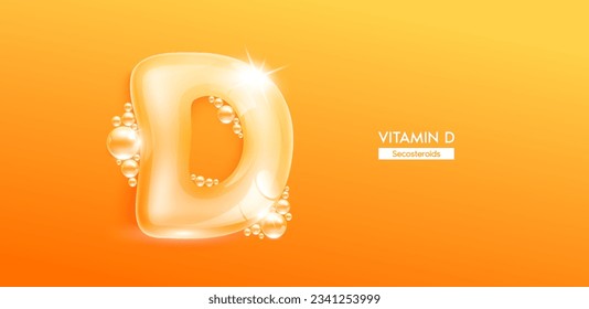 Vitamin D in form water character letter bubble collagen serum. Font type uppercase orange. Solution vitamins complex skin care for cosmetics ads design. Medical concepts beauty nutrition. 3D Vector.