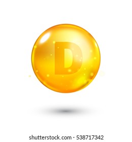 Vitamin D glitter gold icon. Calcitriol vitamin drop pill capsule. Shining golden essence droplet. Beauty treatment nutrition skin care design. Natural supplement 3d symbol. Vector illustration.