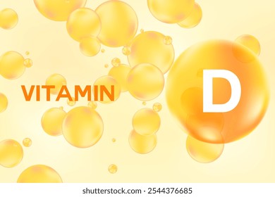 Vitamin D glowing 3D molecule element or bubble, watercolor gradient background. Rich fluid orange, yellow color flowing bubbles, supplement products banner, presentation, infographic design