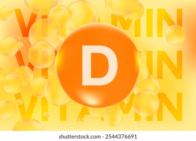 Elemento ou bolha brilhante da molécula 3D da vitamina D, fundo do gradiente da aquarela. Alaranjado fluido rico, bolhas de fluxo de cor amarela, banner de produtos de suplemento, apresentação, design infográfico