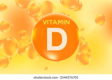 Vitamin D glühende 3D Molekül Element oder Blase, Aquarell Farbverlauf Hintergrund. Rich Flüssigkeit orange, gelbe Farbe fließende Blasen, Ergänzung Produkte Banner, Präsentation, Infografik-Design