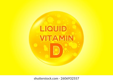 Vitamin D glowing 3D molecule element or bubble, watercolor gradient background. Fluid yellow gold flowing bubbles, health nutrition supplement products banner, presentation, infographic design