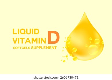Vitamin D glowing 3D oil drop element or bubble, light yellow gradient background. Fluid gold flowing bubbles, health nutrition supplement product banner, presentation, infographic design