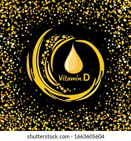 Vitamina D. Caída de oro.    Concepto de atención de la salud. Diseño de beneficios. Fondo negro aislado de icono.Imagen médica. cápsula. Icono del vector para la salud. Píldora dorada brillante. Ilustración del vector