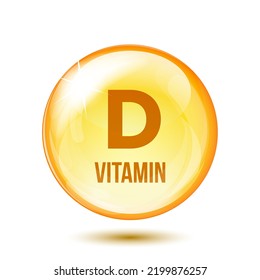 Vitamin D gold icon. Shiny golden essence capsule. Medicine pill with letter vitamin D symbol. Beauty treatment nutrition skin care design. Vector illustration.