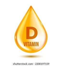 Vitamin D gold icon. Shiny golden essence drop. Medicine pill with letter vitamin D symbol. Beauty treatment nutrition skin care design. Vector illustration.