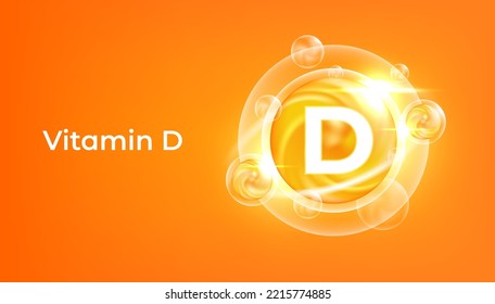 Vitamin D golden vector treatment. Vitamin gold oil pill icon. Beauty treatment nutrition skin care. Orange medicine capsule.