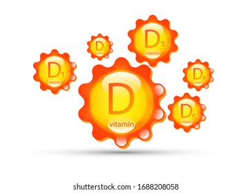 Vitamin D group. Sun icon natural organic products with the maximum content of vitamin D, D1, D2, D3, D4, D5 yellow capsule. Vector isolated or white background 