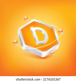 Vitamin D in hexagon shape and orange atom. Used for nutrition products food. Medical scientific concepts. Isolated 3D Vector EPS10 illustration.