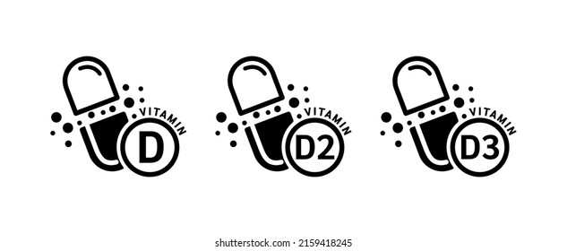 Vitamin D icon black in capsule form simple line. Vitamins set isolated on a white background. Medical symbol concept. Design for use on web app mobile and print media. Vector EPS10 illustration.