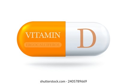 Vitamin D icon. Ergocalciferol D3 vitamin complex. Drop pill capsule. Vector 3d illustration