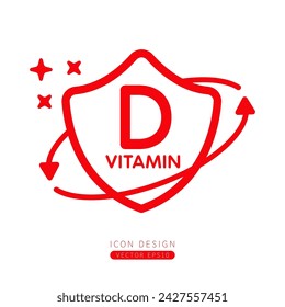 Icono de vitamina D rojo en escudo rodeado de flechas Aislado sobre un fondo blanco. Símbolo médico construir concepto de protección e inmunidad. Diseño para uso en medios de impresión de línea simple. Vector.