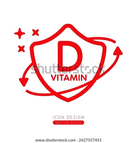Vitamin D icon red in shield surrounded by arrows Isolated on a white background. Medical symbol build protective and immunity concept. Design for use print media form simple line. Vector.