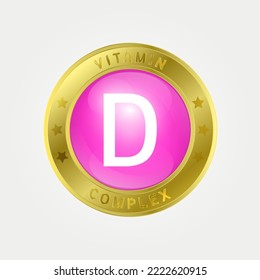 Vitamin D icon structure circle pink. gold border. Pill complex, collagen serum chemical formula. Beauty treatment nutrition skin care design, healthy. Medical, scientific. 3D Vector EPS10.