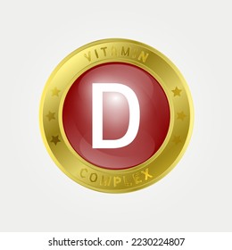  Vitamin D icon structure circle brown. gold border. Pill complex, collagen serum chemical formula. Beauty treatment nutrition skin care design, healthy. Medical, scientific. 3D Vector EPS10.