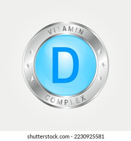  Vitamin D Icon structure circle blue. silver border. 3D vector EPS10. Pill complex, collagen serum chemical formula. Beauty treatment nutrition skin care design, healthy. Medical, scientific. 