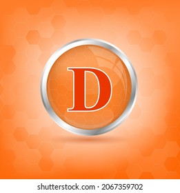 Vitamin D icon structure orange substance.  Personal care, beauty concept. Medicine health symbol of thiamine. Drug business concept. 3D Vitamin complex with chemical formula. Vector Illustration.