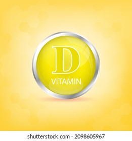 Vitamin D icon structure yellow substance. Personal care, beauty concept. Medicine health symbol of thiamine. Drug business concept. 3D Vector Illustration. Vitamin complex with chemical formula.