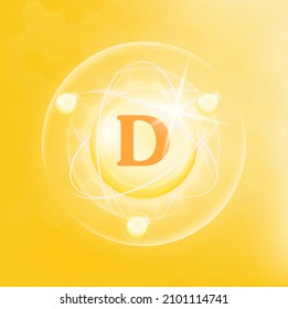 Vitamin D icon structure yellow substance. 3D Vector Illustration. Medicine health symbol of thiamine. Drug business concept. Vitamin complex with chemical formula. Personal care, beauty concept.