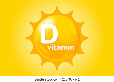 Vitamin D icon with sun. Vitamin D3 yellow shining capsule. Beauty, nutrition skin care, pharmacy, diet. Vector illustration