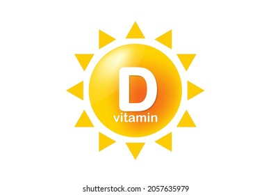 Vitamin D Icon With Sun. Vitamin D3 Yellow Shining Capsule. Beauty, Nutrition Skin Care, Pharmacy, Diet Vector Illustration