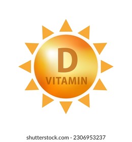 Vitamin D Icon with Sun. Vitamin D3 yellow shining capsule. Beauty, nutrition skin care, pharmacy, diet. Realistic sun. Vector illustration